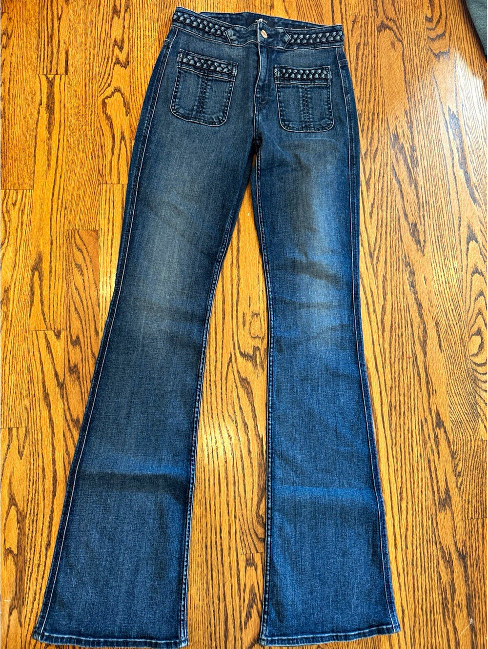 7 For All Mankind Women's Braided High Rise Flare Blue Denim Stretch Jeans Sz 28